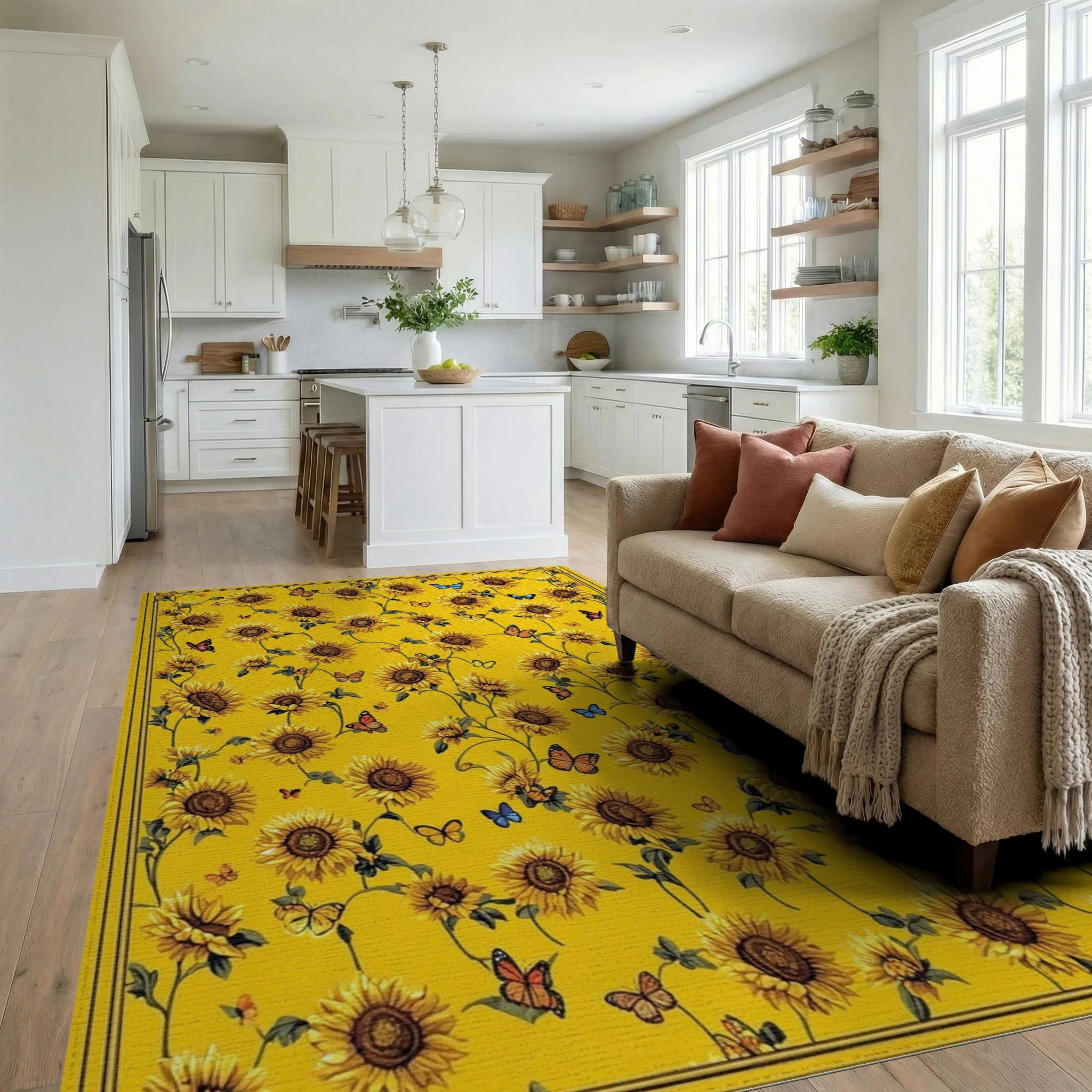 Vibrant Yellow Sunflowers Butterflies Rug - Living Room View