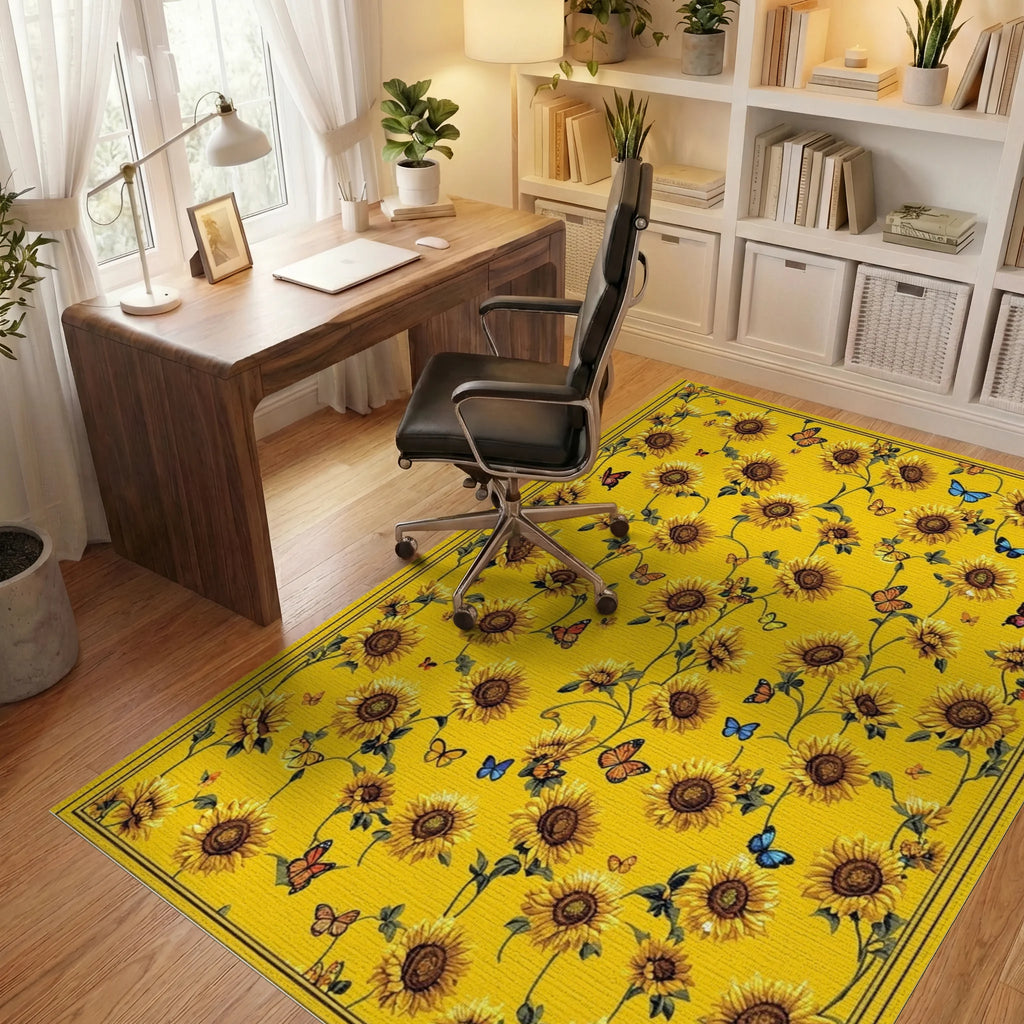 Vibrant Yellow Sunflowers Butterflies Rug - Office View