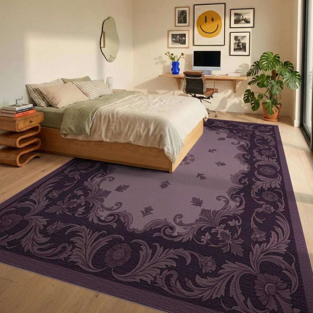 Victorian Plum Floral Scroll Rug Bedroom View