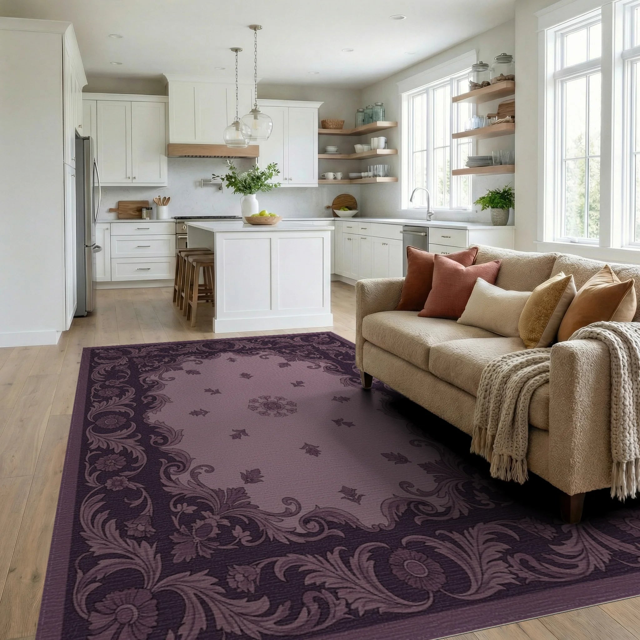 Victorian Plum Floral Scroll Rug Living Room View