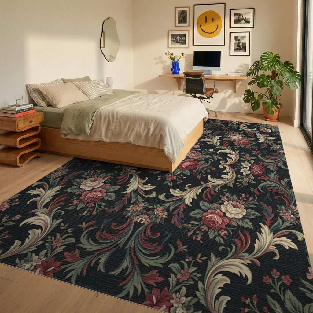 Victorian Red Floral Scroll Arrangement Rug Bedroom View