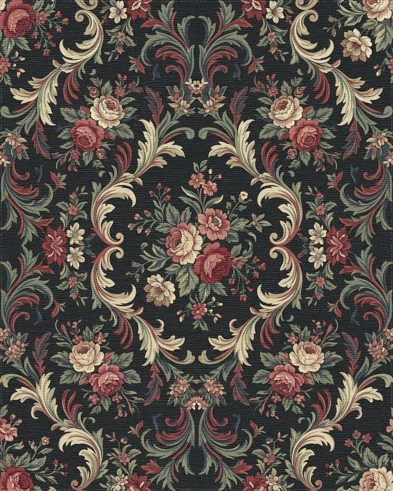 Victorian Red Floral Scroll Arrangement Rug - Cutout View