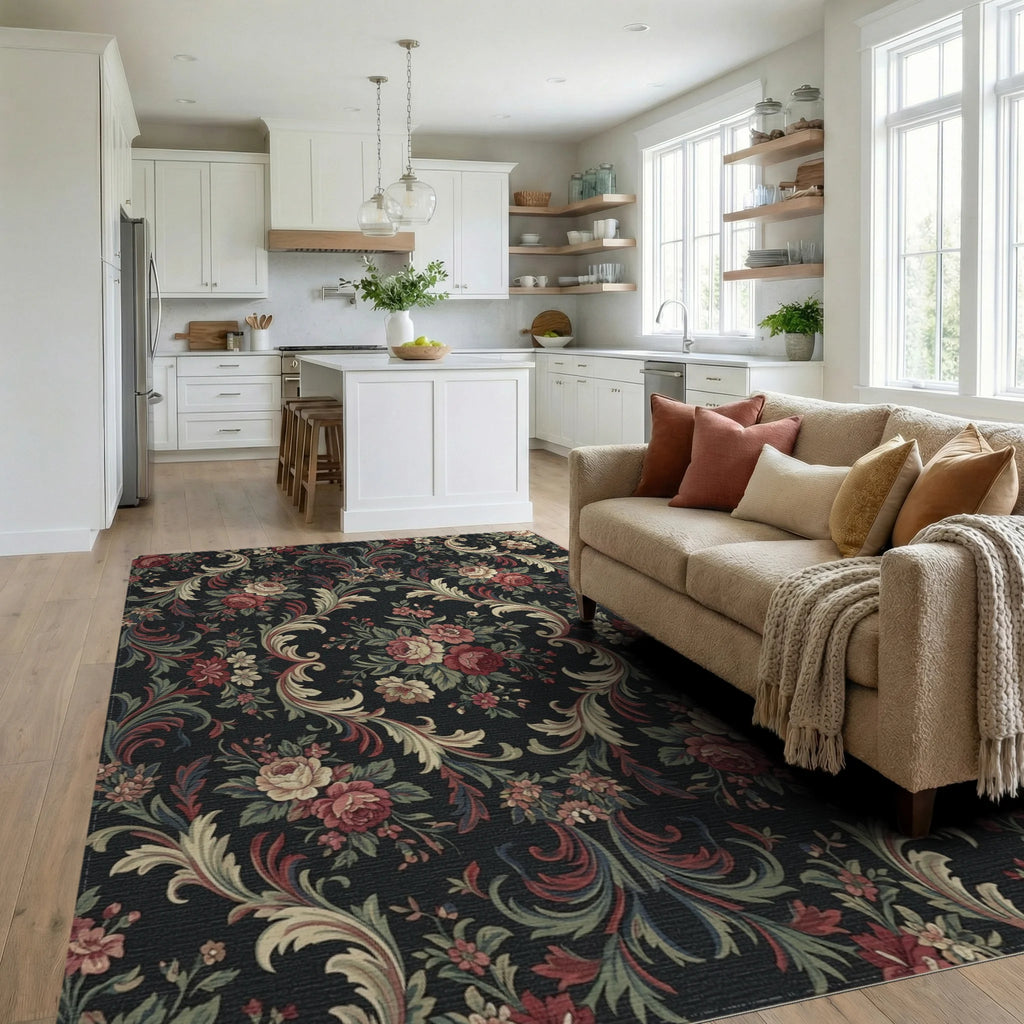 Victorian Red Floral Scroll Arrangement Rug Living Room View