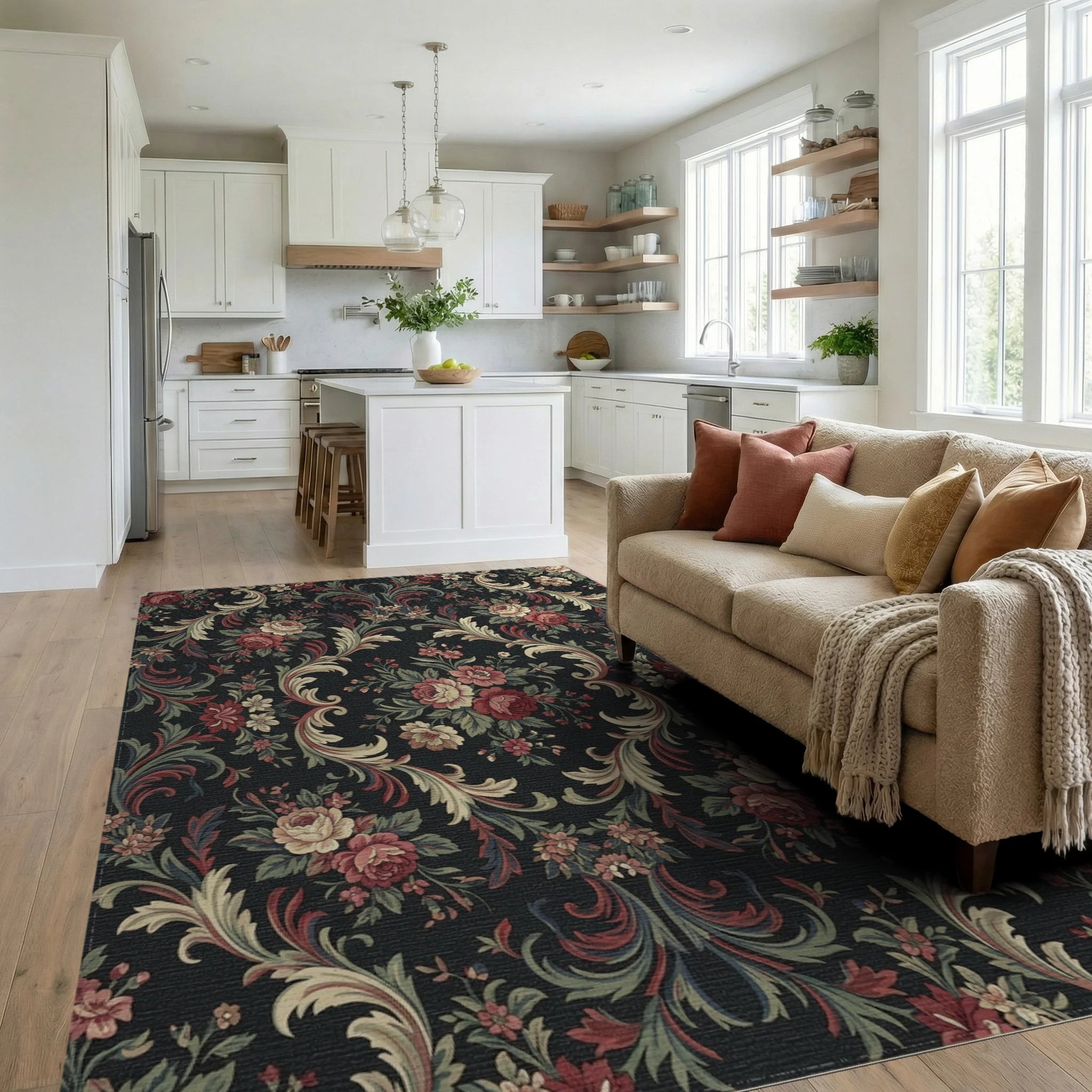Victorian Red Floral Scroll Arrangement Rug Living Room View