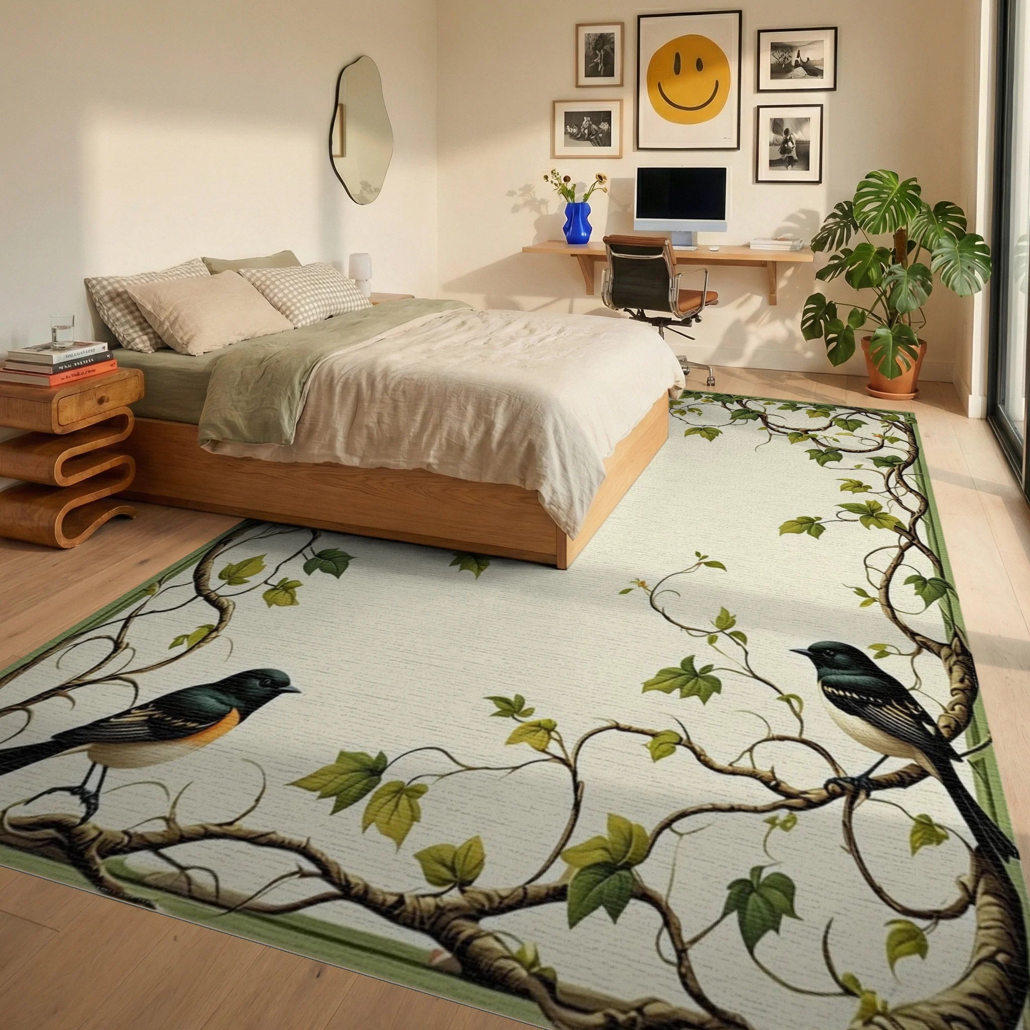 Vines Birds Botanical Pattern Rug - Bedroom View