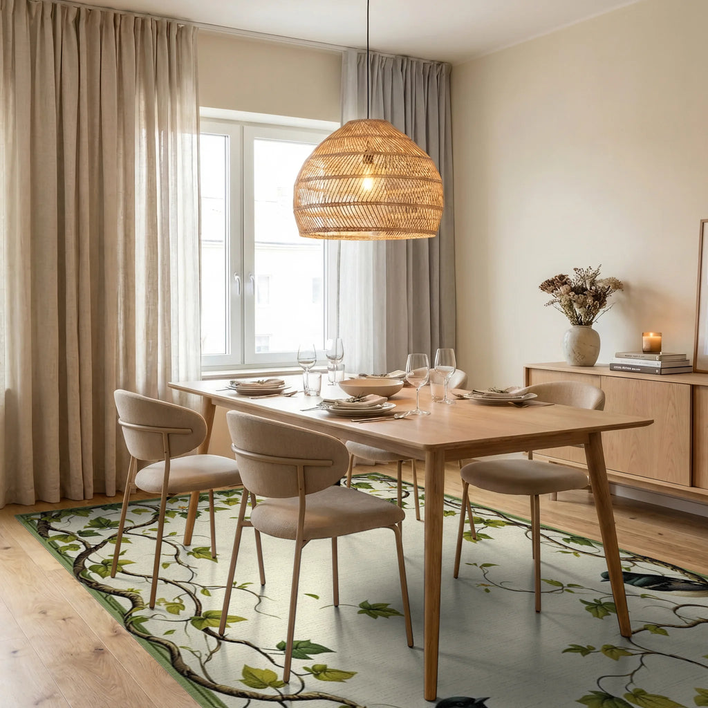 Vines Birds Botanical Pattern Rug - Dining Room View