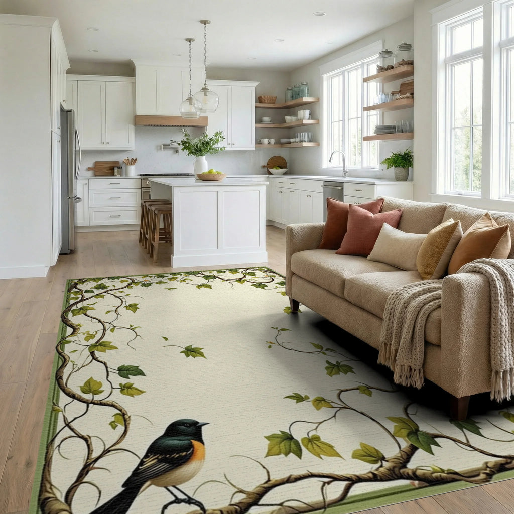 Vines Birds Botanical Pattern Rug - Living Room View