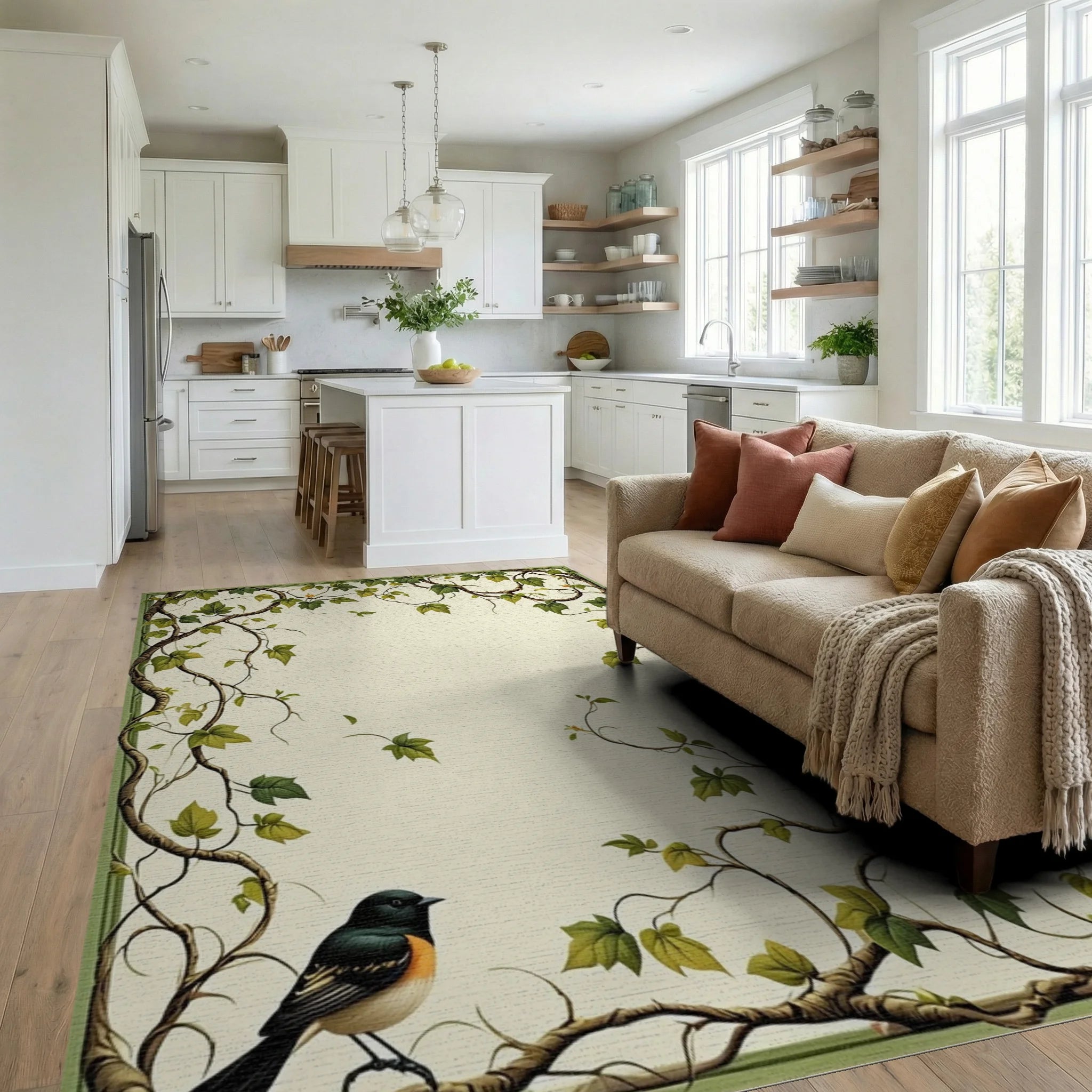 Vines Birds Botanical Pattern Rug - Living Room View