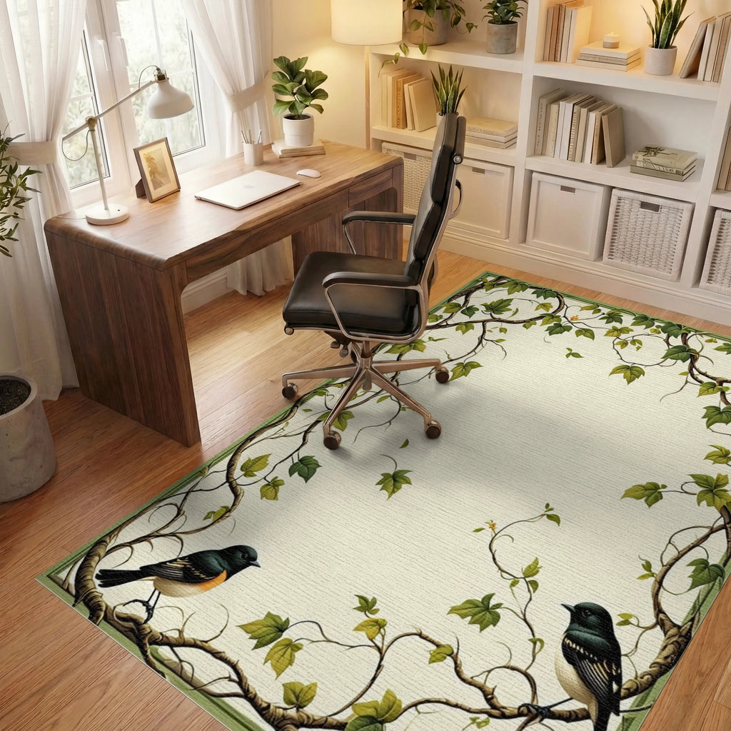 Vines Birds Botanical Pattern Rug - Office View