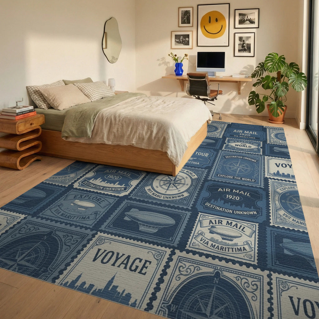 Vintage Air Mail Compass Stamps Rug Bedroom View