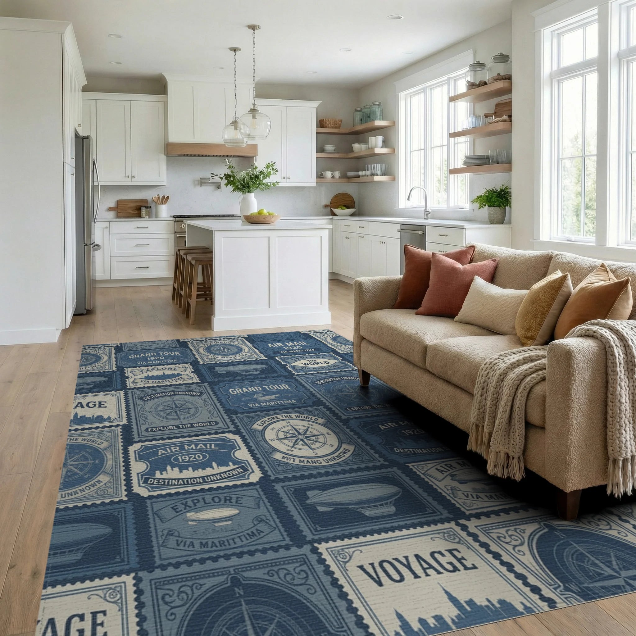 Vintage Air Mail Compass Stamps Rug Living Room View