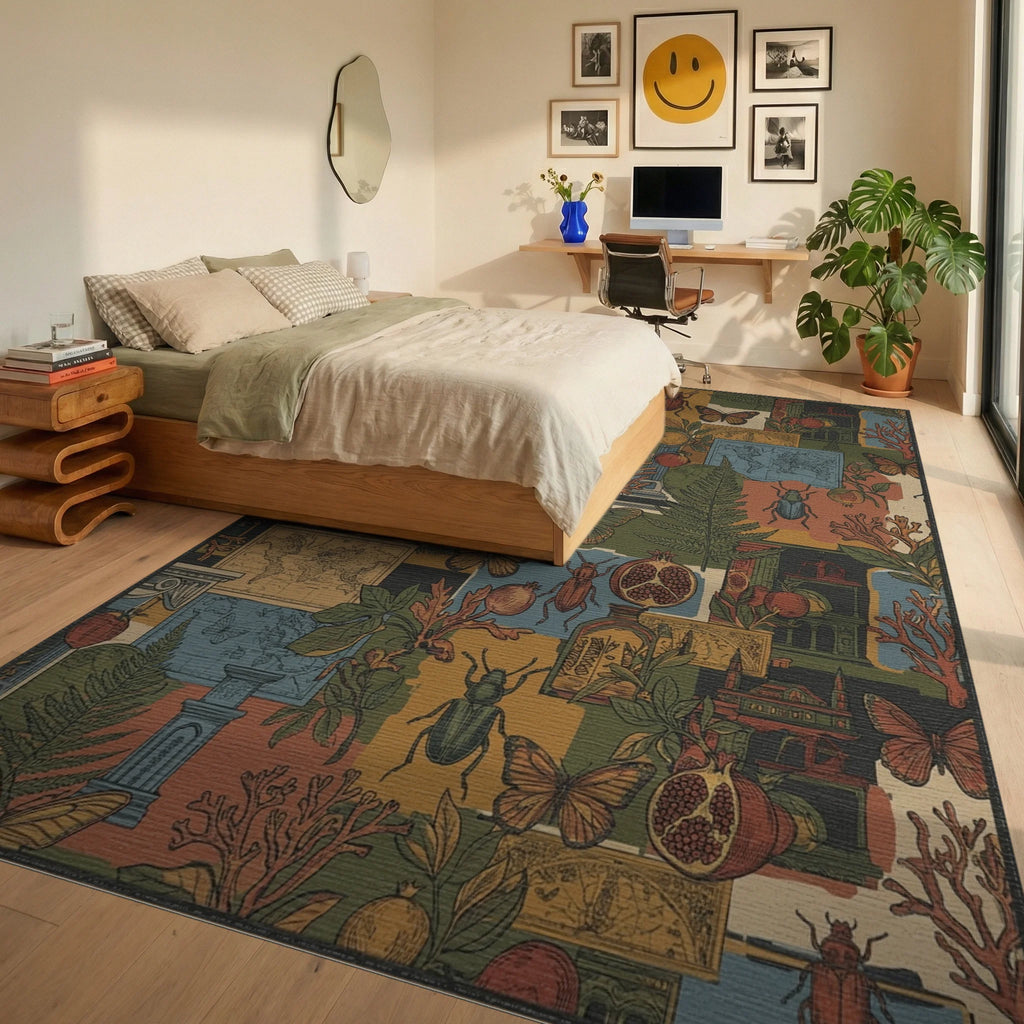 Vintage Beetles Butterflies Pomegranates Maps Rug Bedroom View