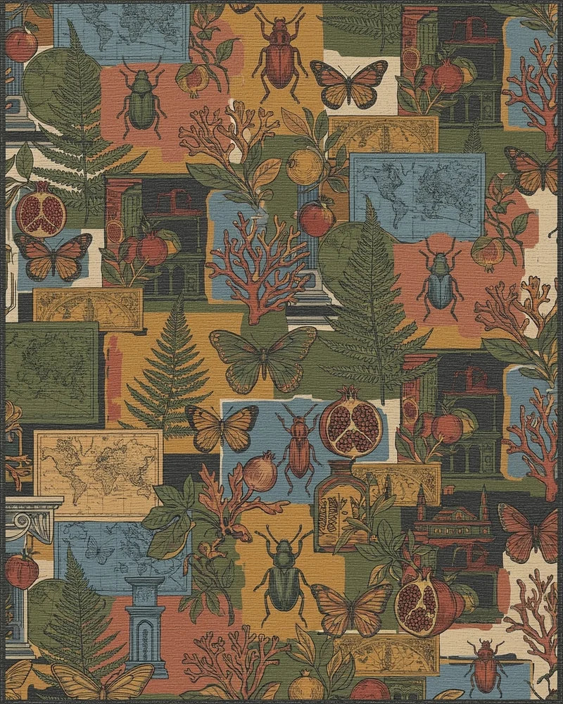 Vintage Beetles Butterflies Pomegranates Maps Rug - Cutout View