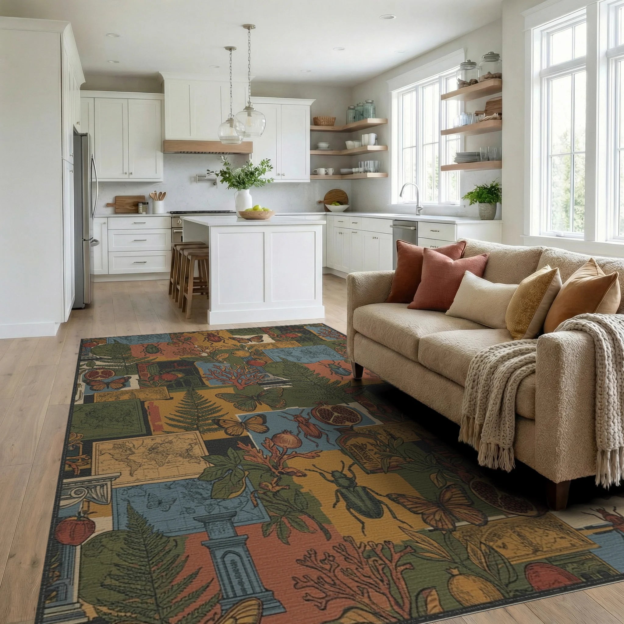 Vintage Beetles Butterflies Pomegranates Maps Rug Living Room View