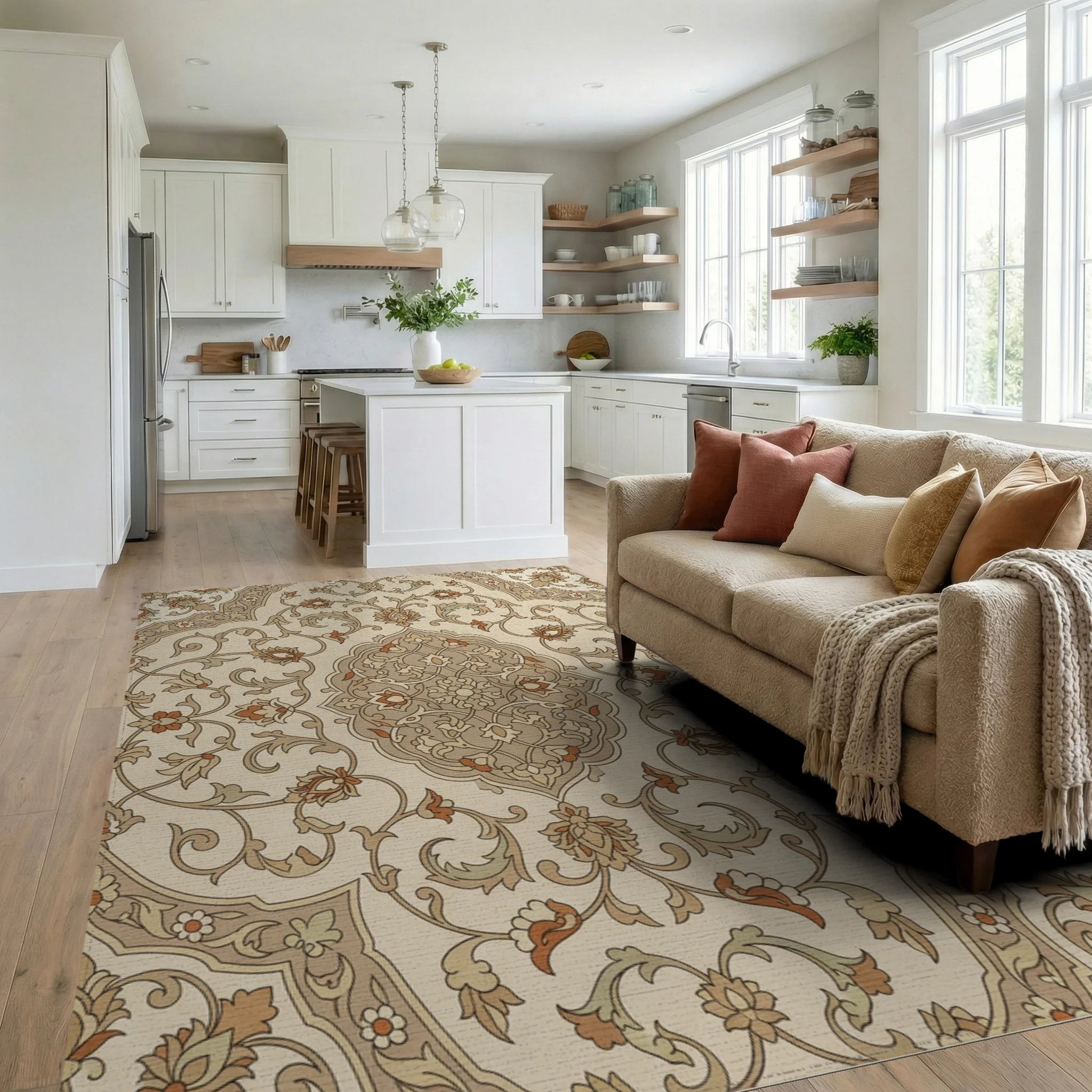 Vintage Beige Floral Medallion Rug Living Room View