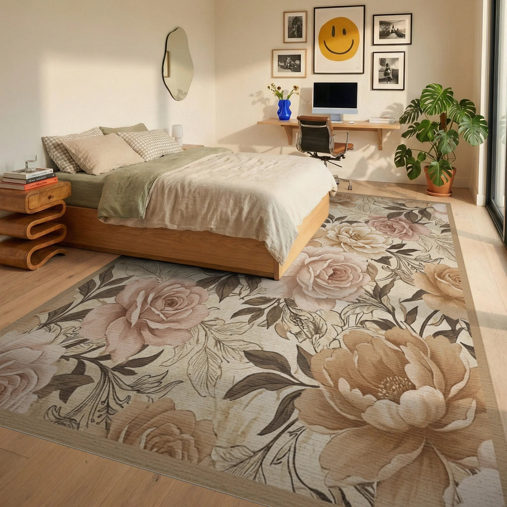 Vintage Beige Rose Garden Rug Bedroom View