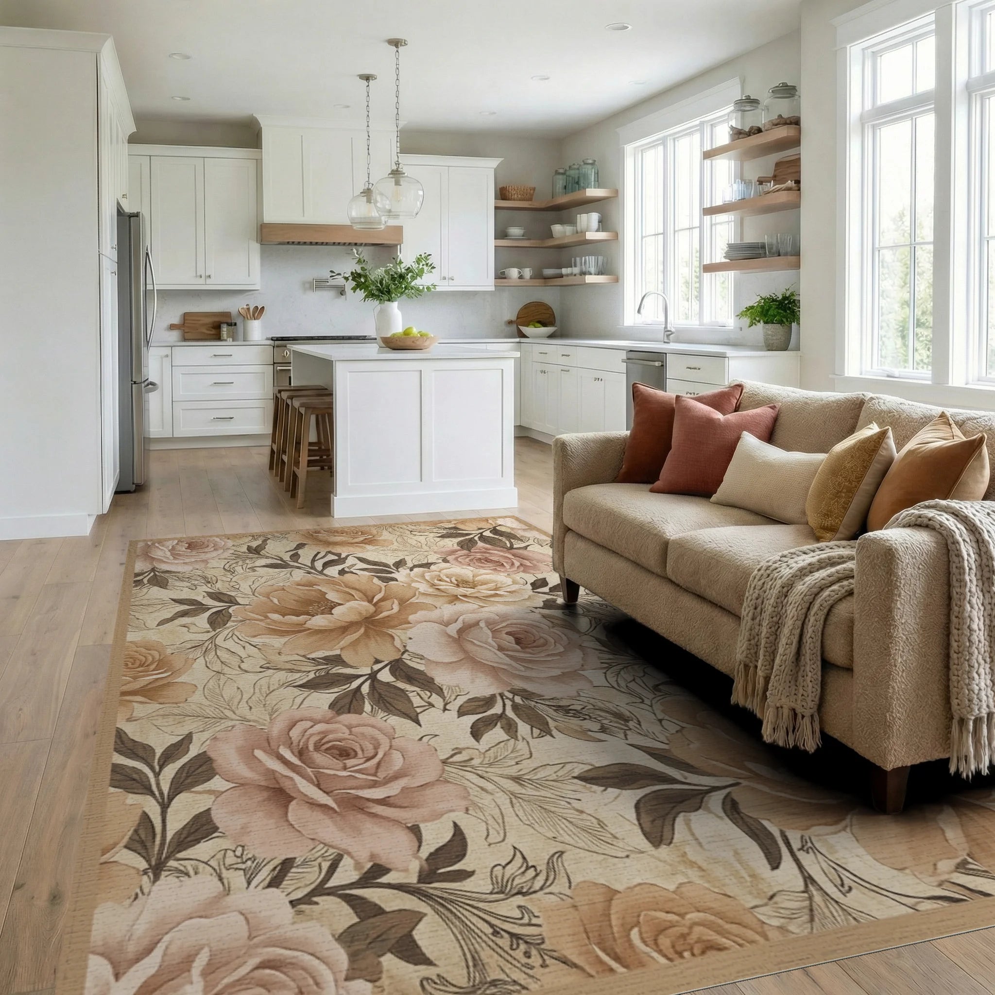 Vintage Beige Rose Garden Rug Living Room View