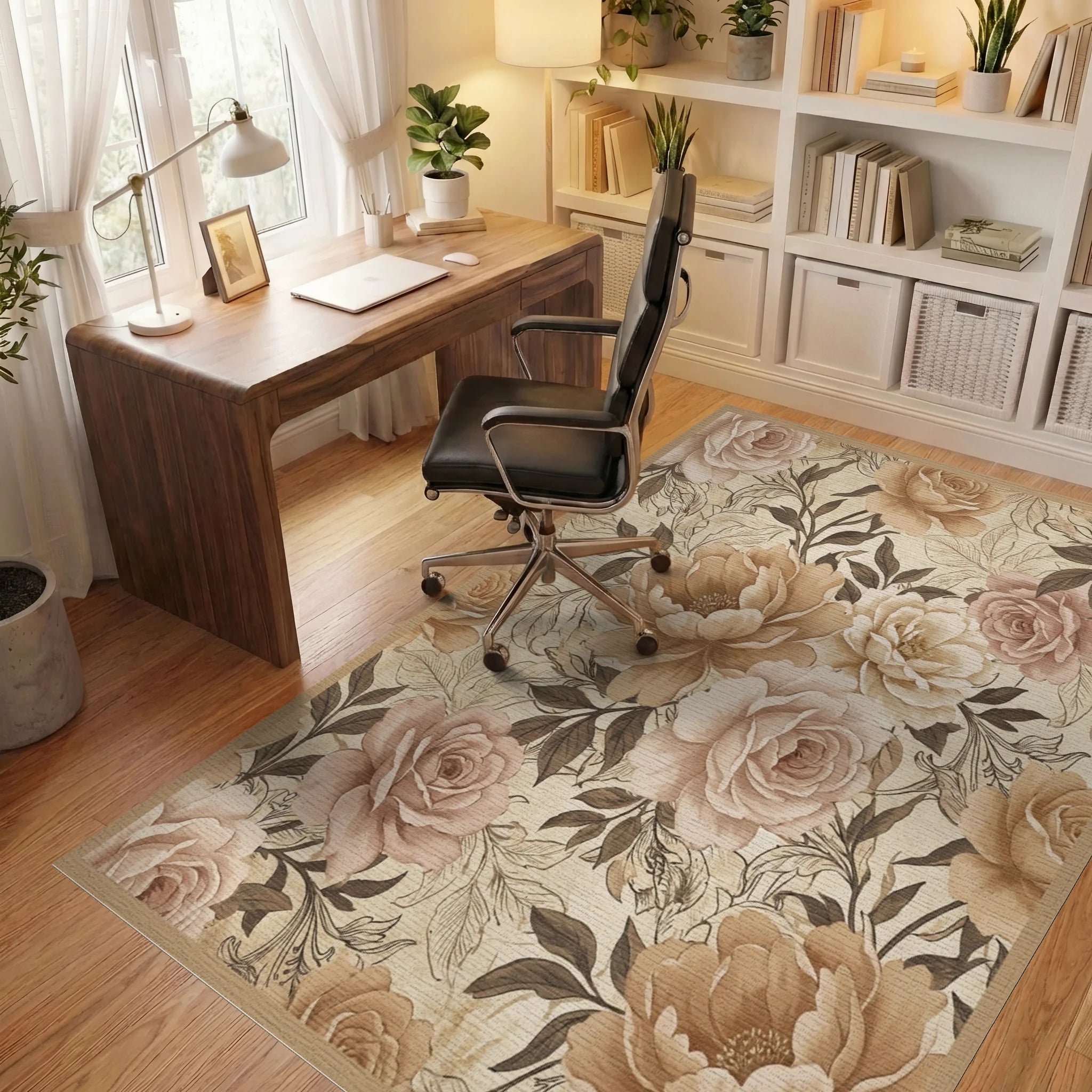 Vintage Beige Rose Garden Rug Office View