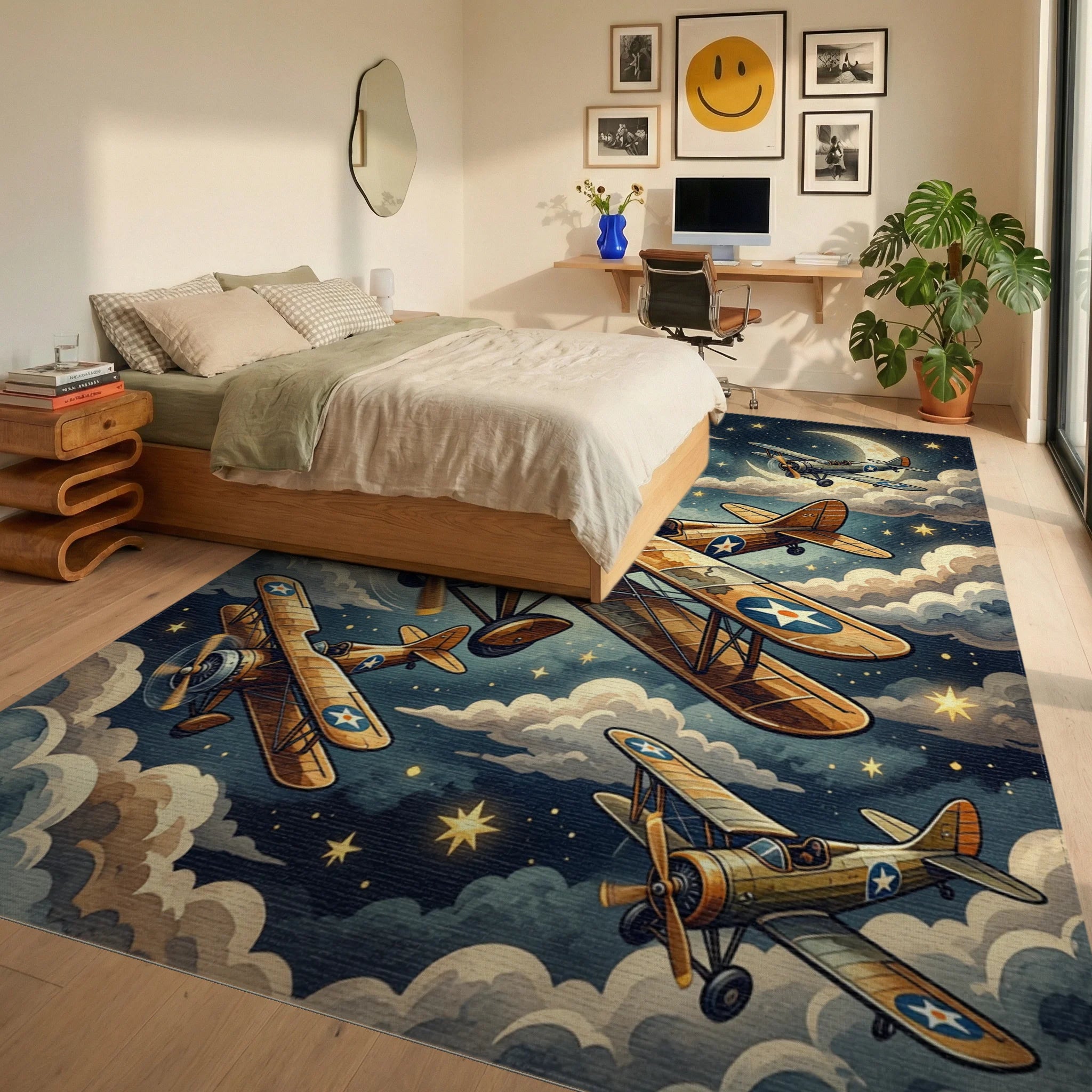 Vintage Biplane Night Sky Clouds Rug Bedroom View