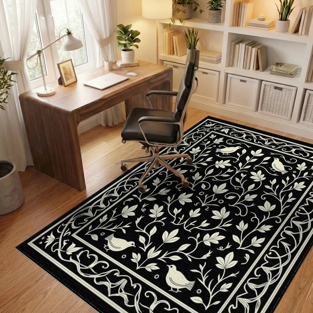 Vintage Birds Floral Vine Scroll Rug Office View