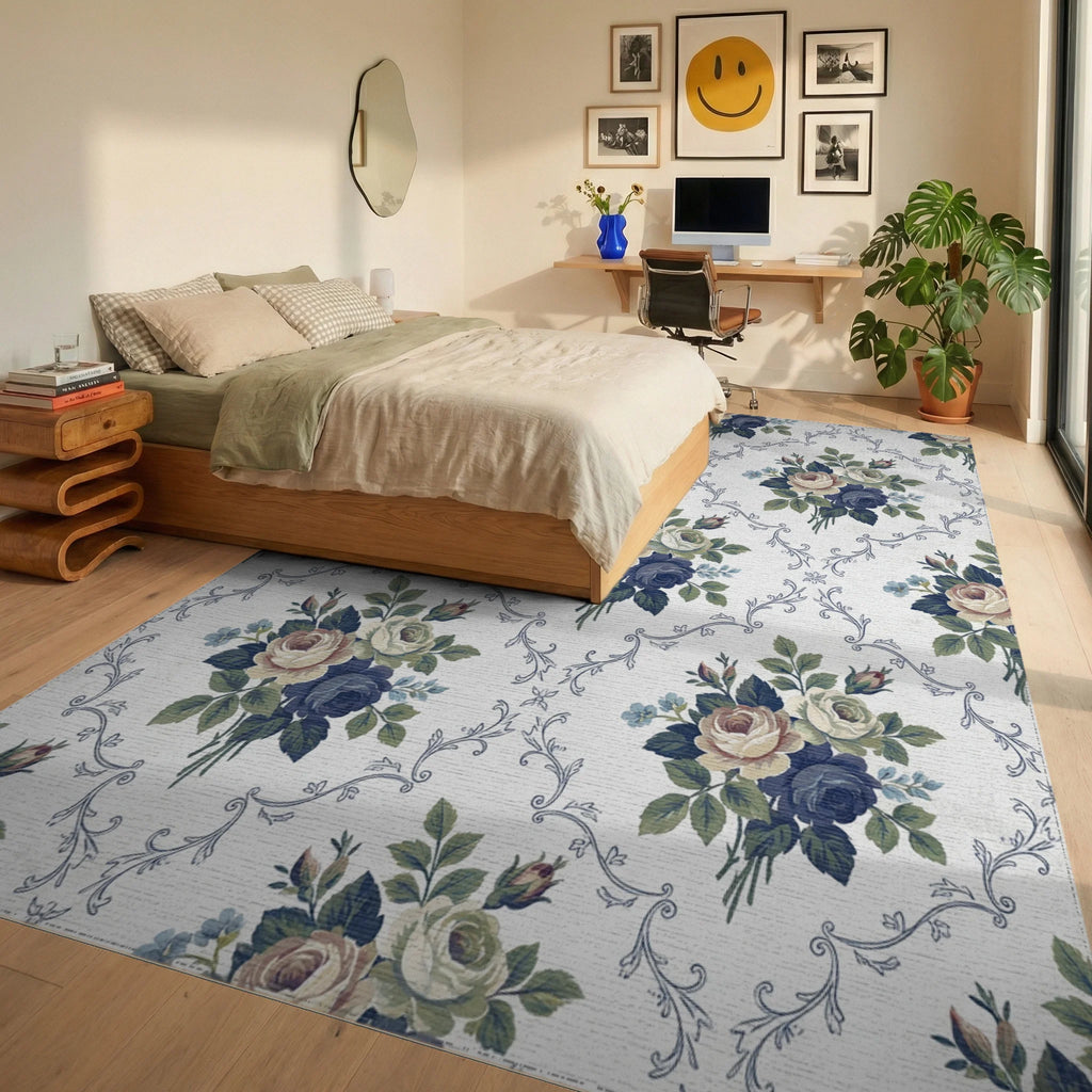 Vintage Blue Rose Garland Background Rug Bedroom View