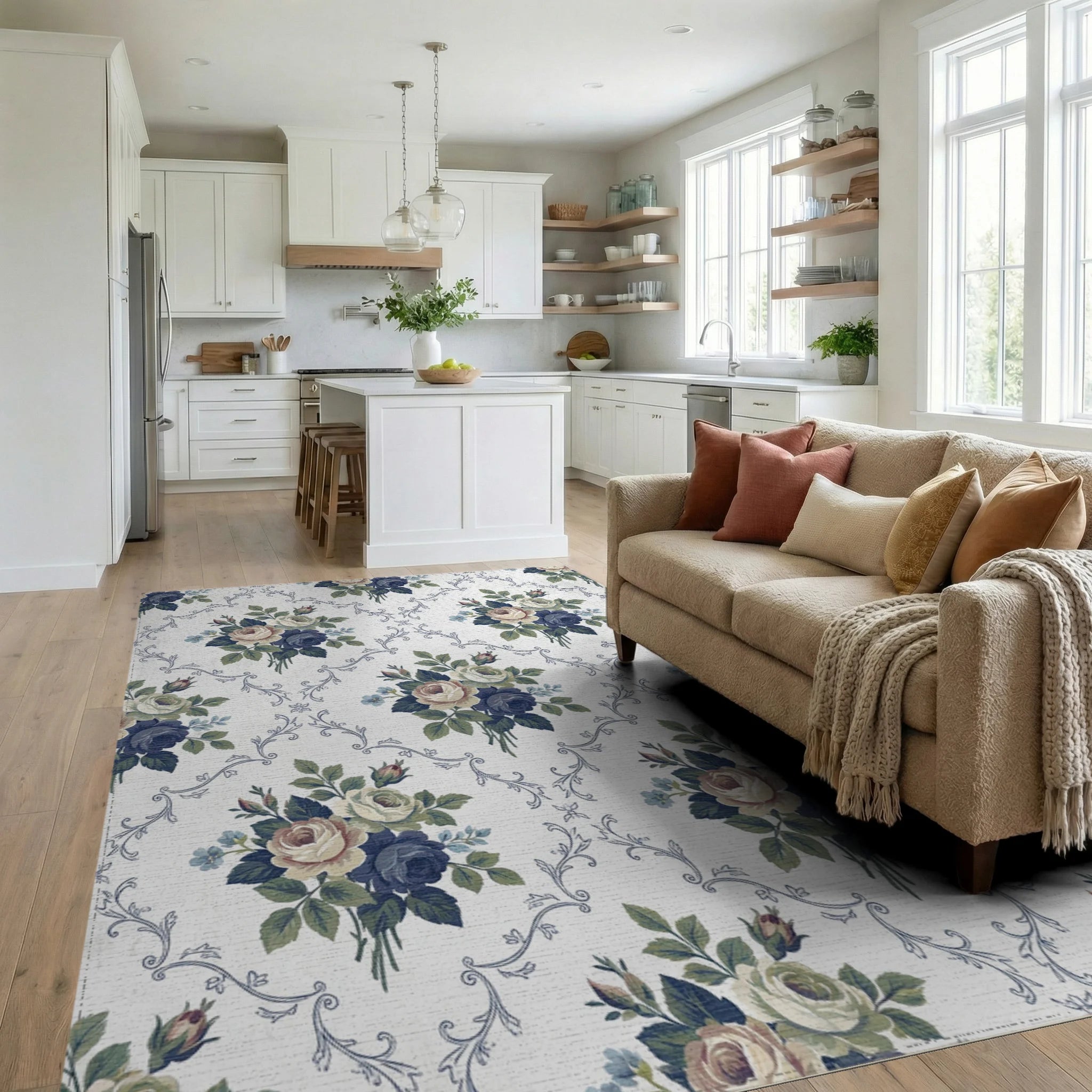Vintage Blue Rose Garland Background Rug Living Room View