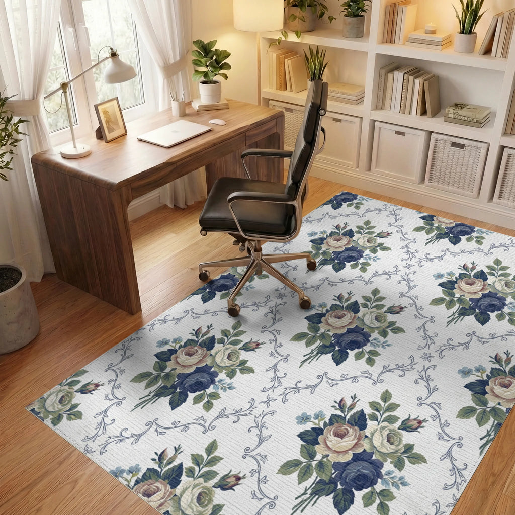 Vintage Blue Rose Garland Background Rug Office View