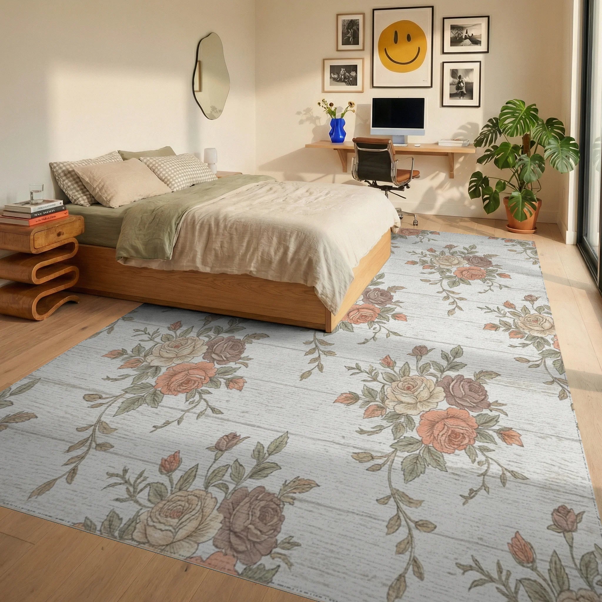 Vintage Blush Pink Rose Bouquet Rug Bedroom View