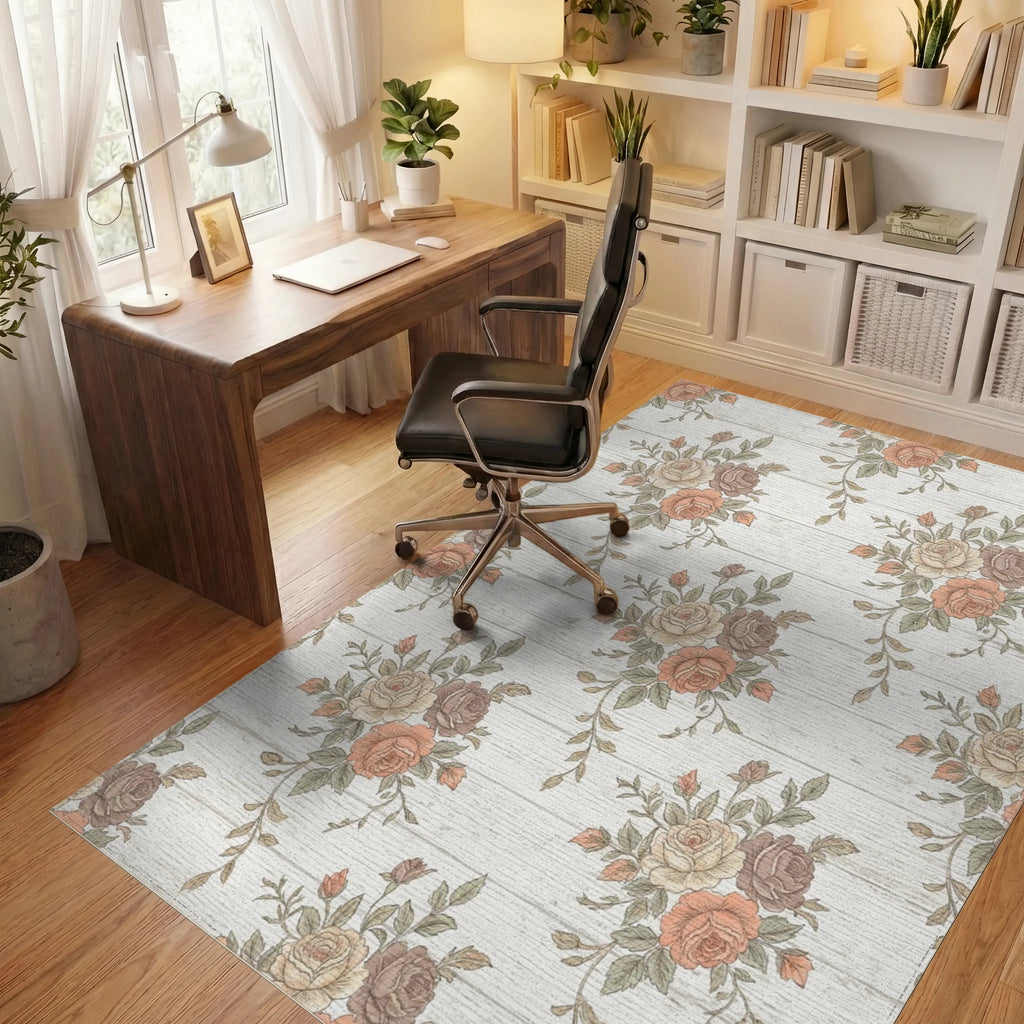 Vintage Blush Pink Rose Bouquet Rug Office View