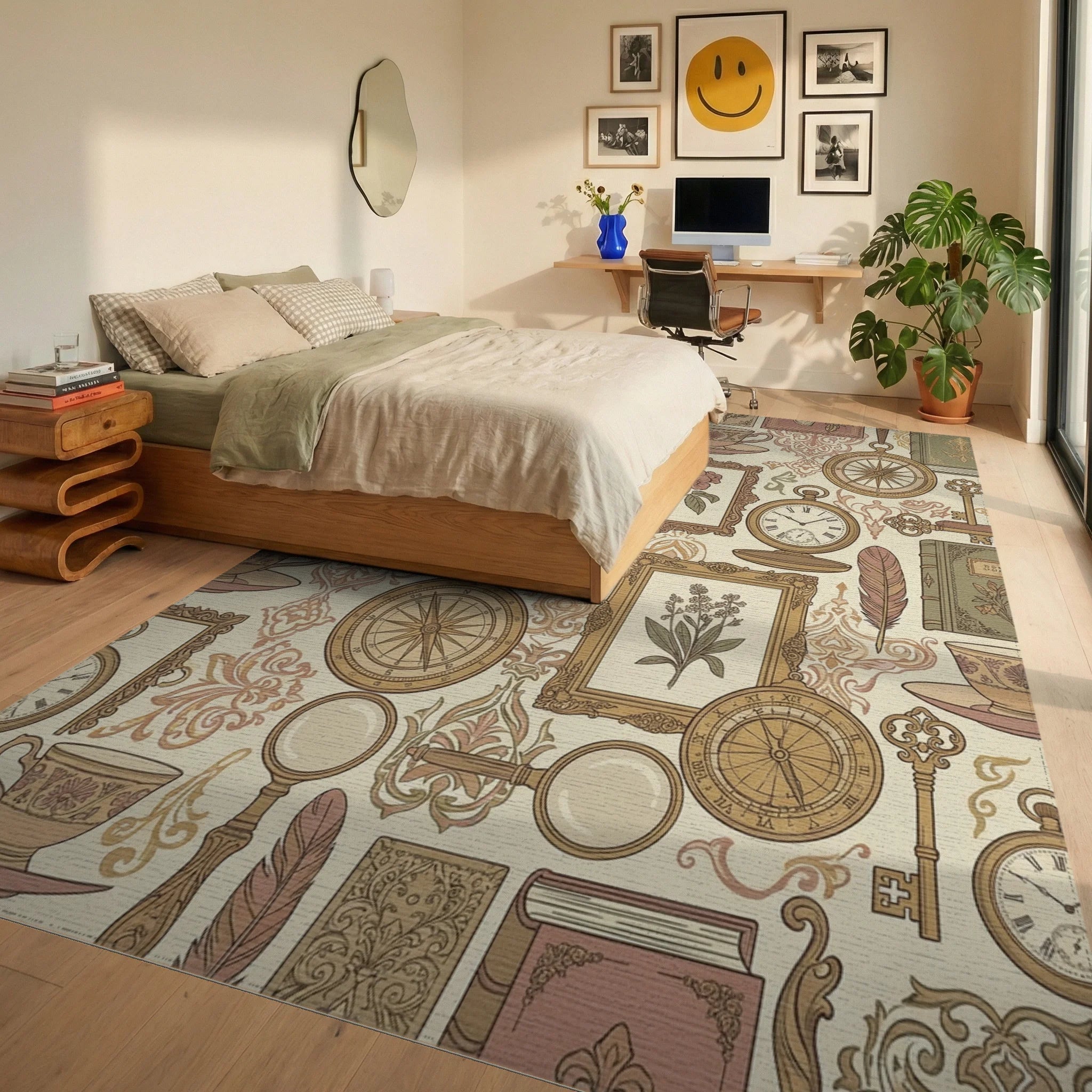Vintage Botanical Tea Cup Compass Art Rug Bedroom View