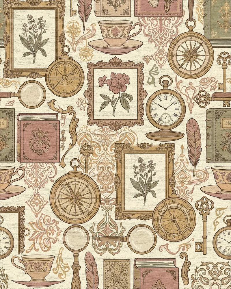 Vintage Botanical Tea Cup Compass Art Rug - Cutout View
