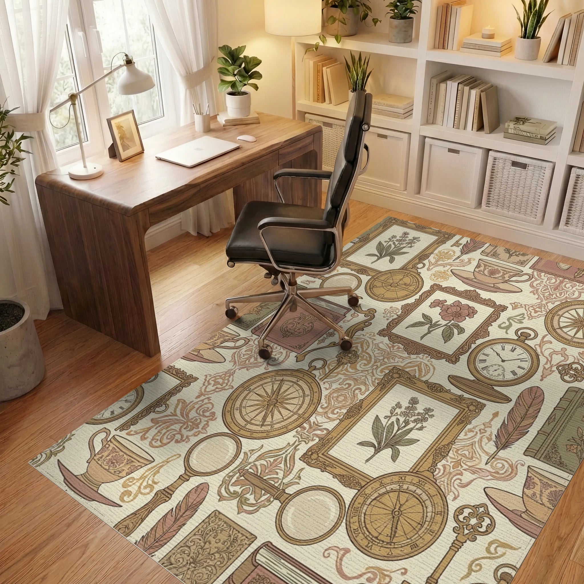 Vintage Botanical Tea Cup Compass Art Rug Office View