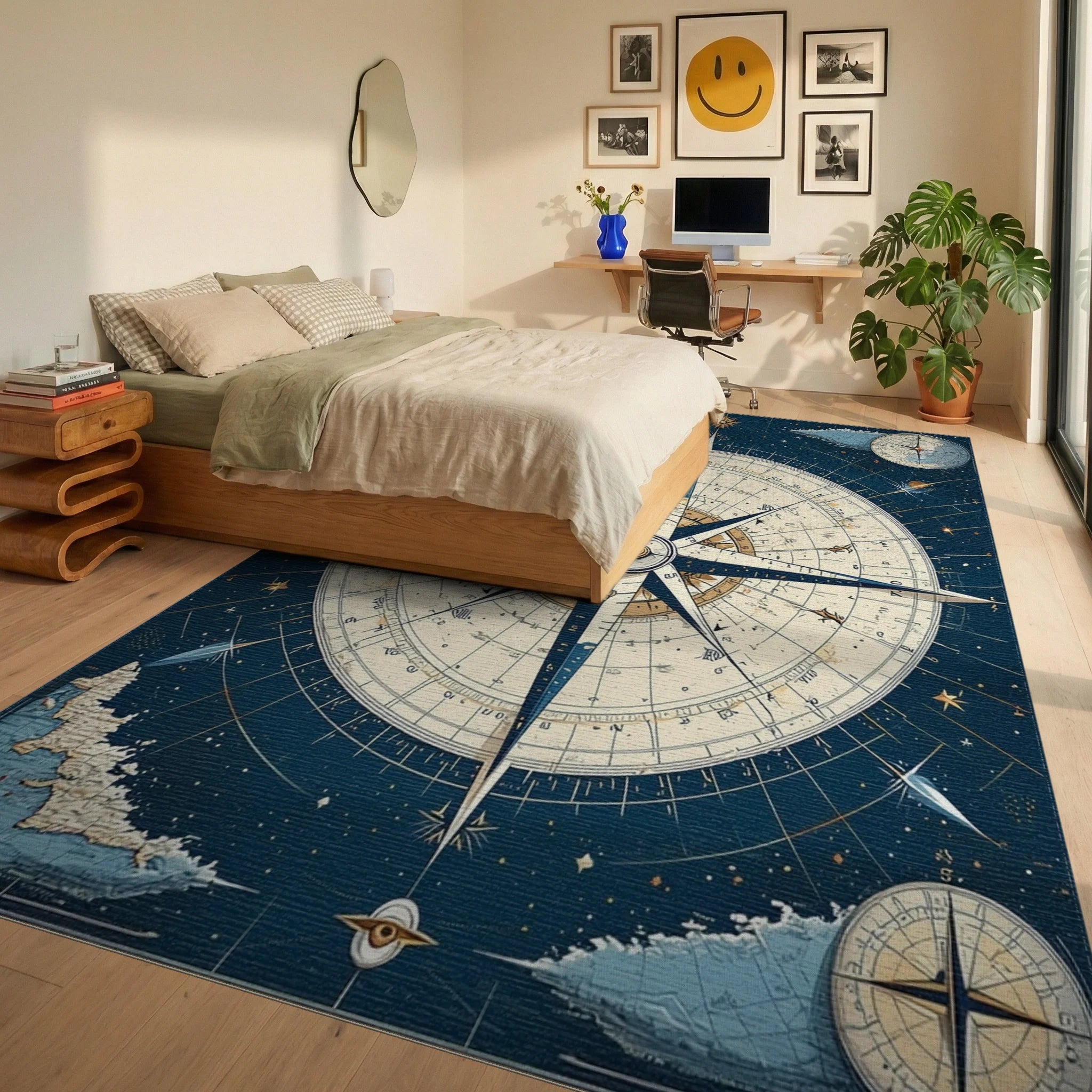 Vintage Celestial Compass Star Chart Rug - Bedroom View