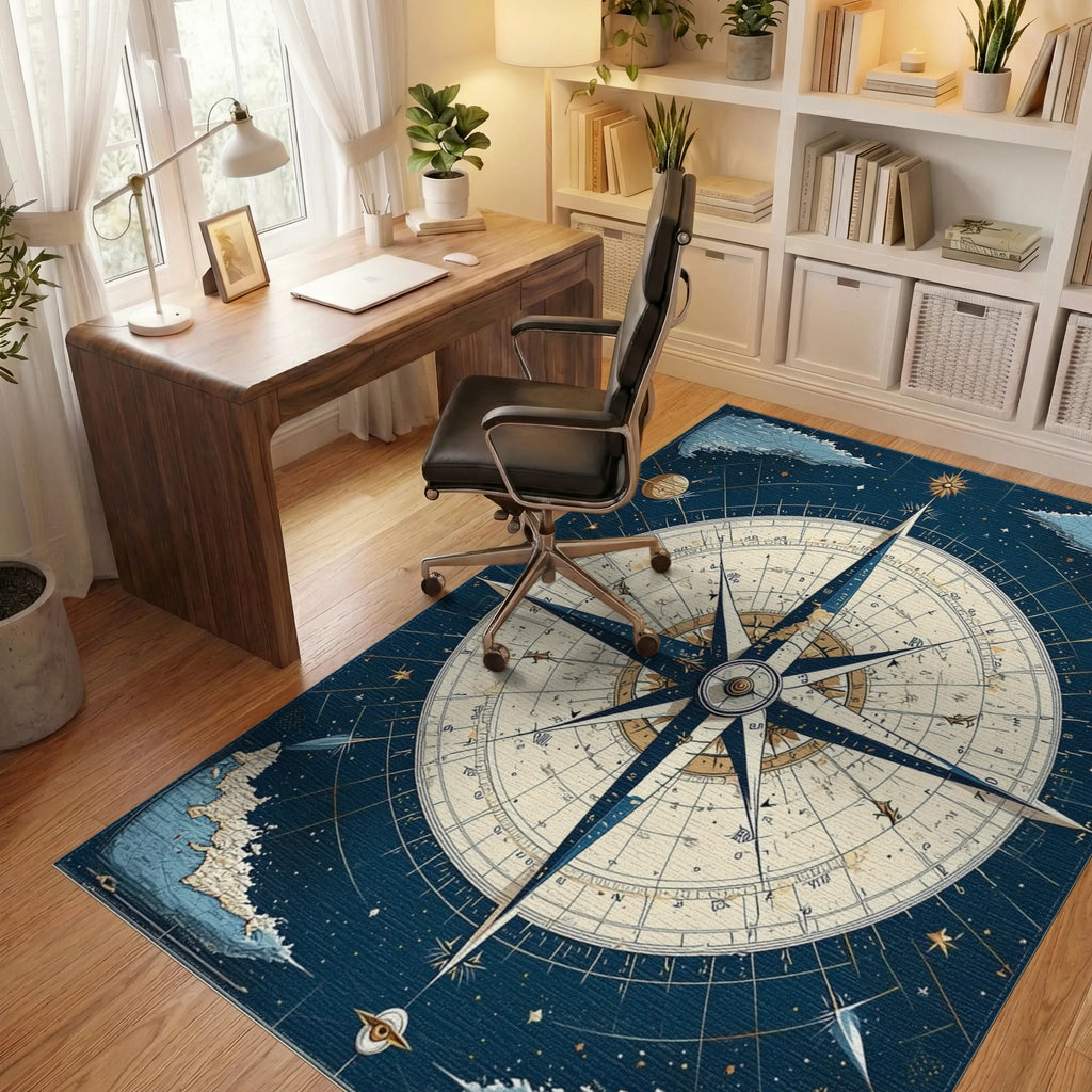 Vintage Celestial Compass Star Chart Rug - Office View