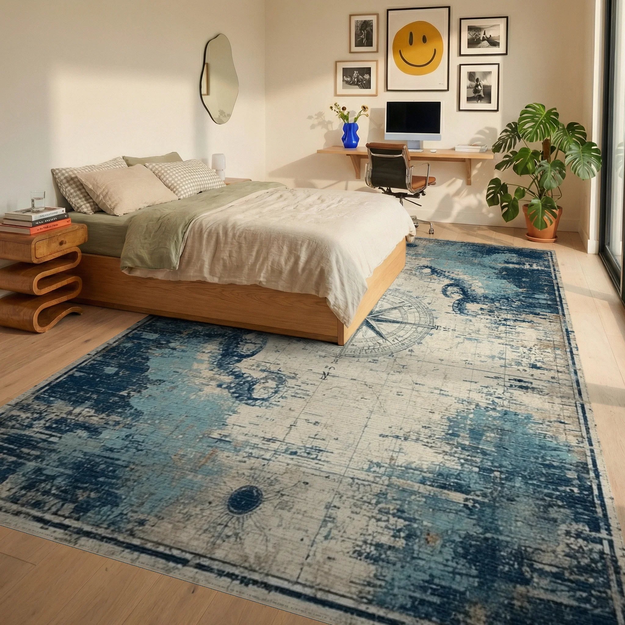 Vintage Distressed Nautical Compass Rug - Bedroom View