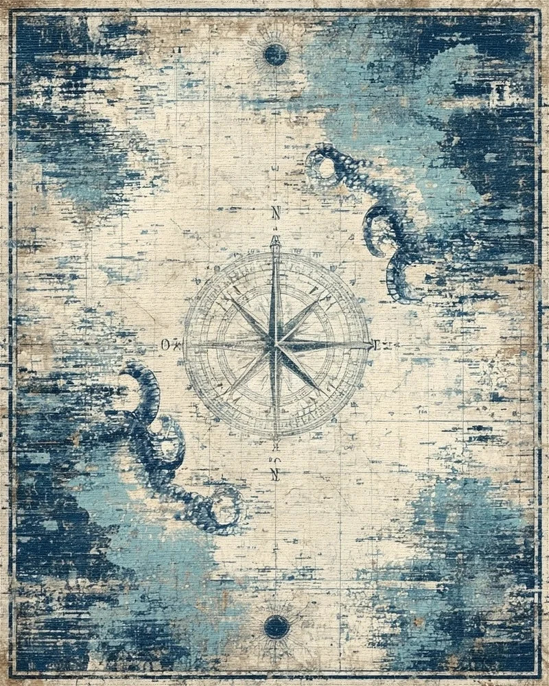 Vintage Distressed Nautical Compass Rug - Cutout View