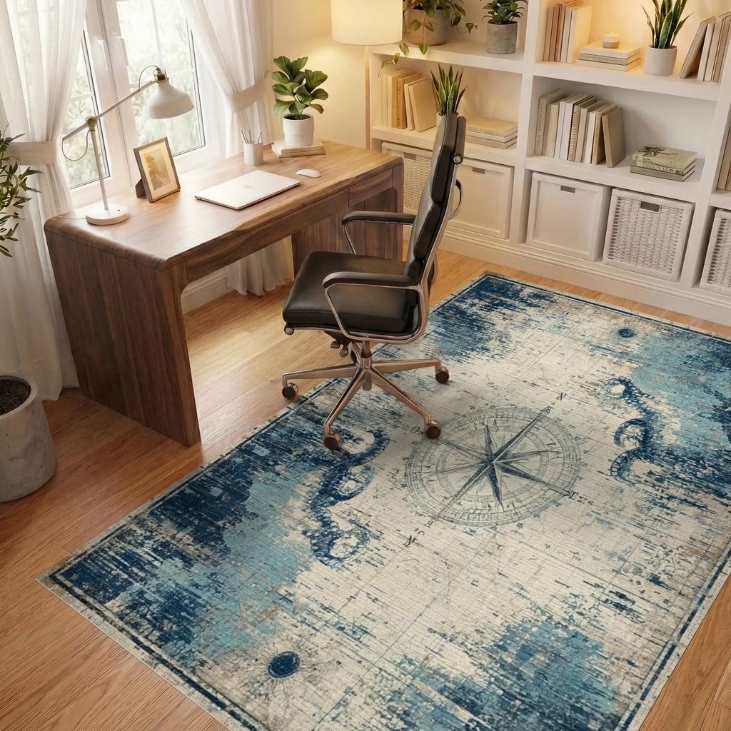 Vintage Distressed Nautical Compass Rug - Office View