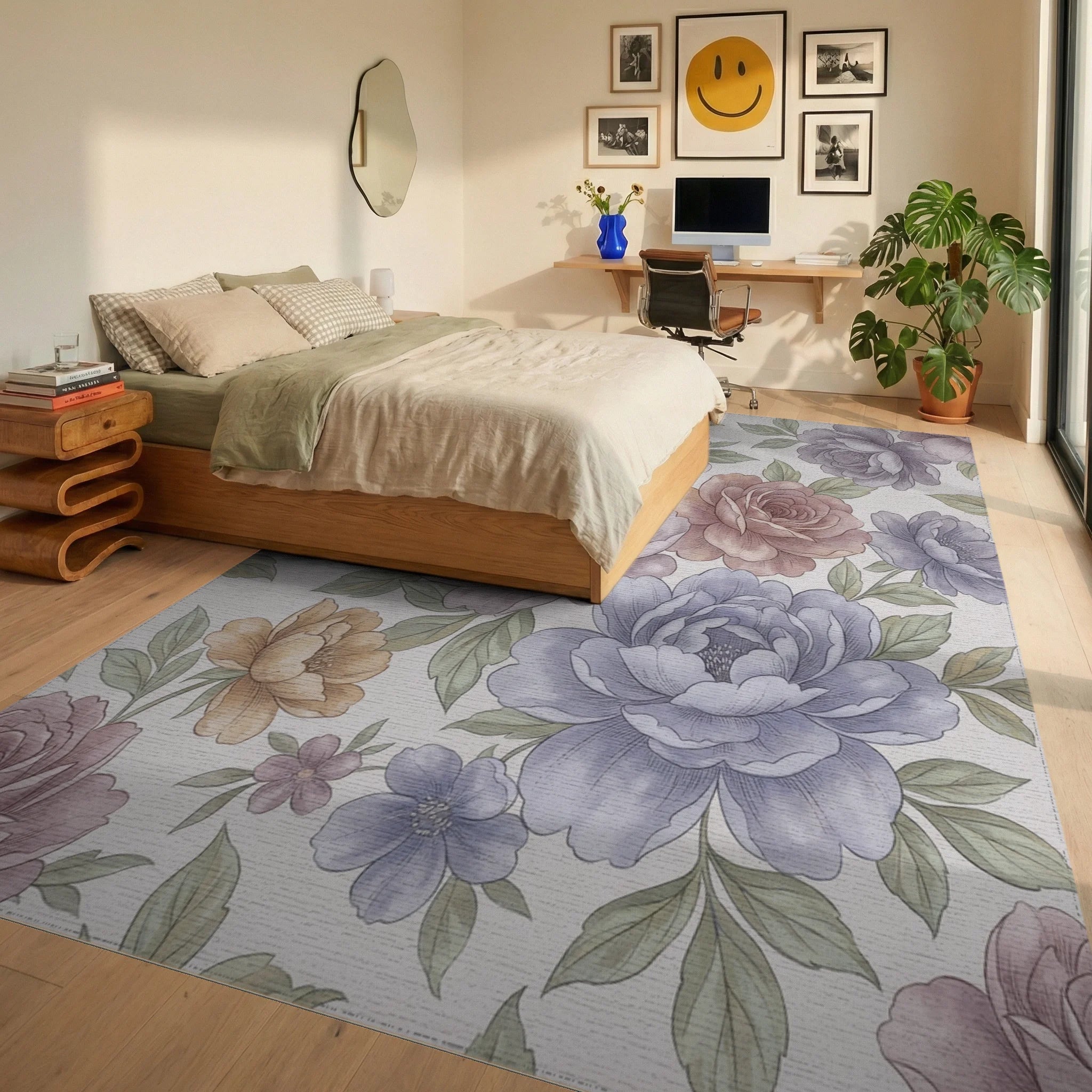 Vintage Floral Garden Peony Bloom Rug Bedroom View
