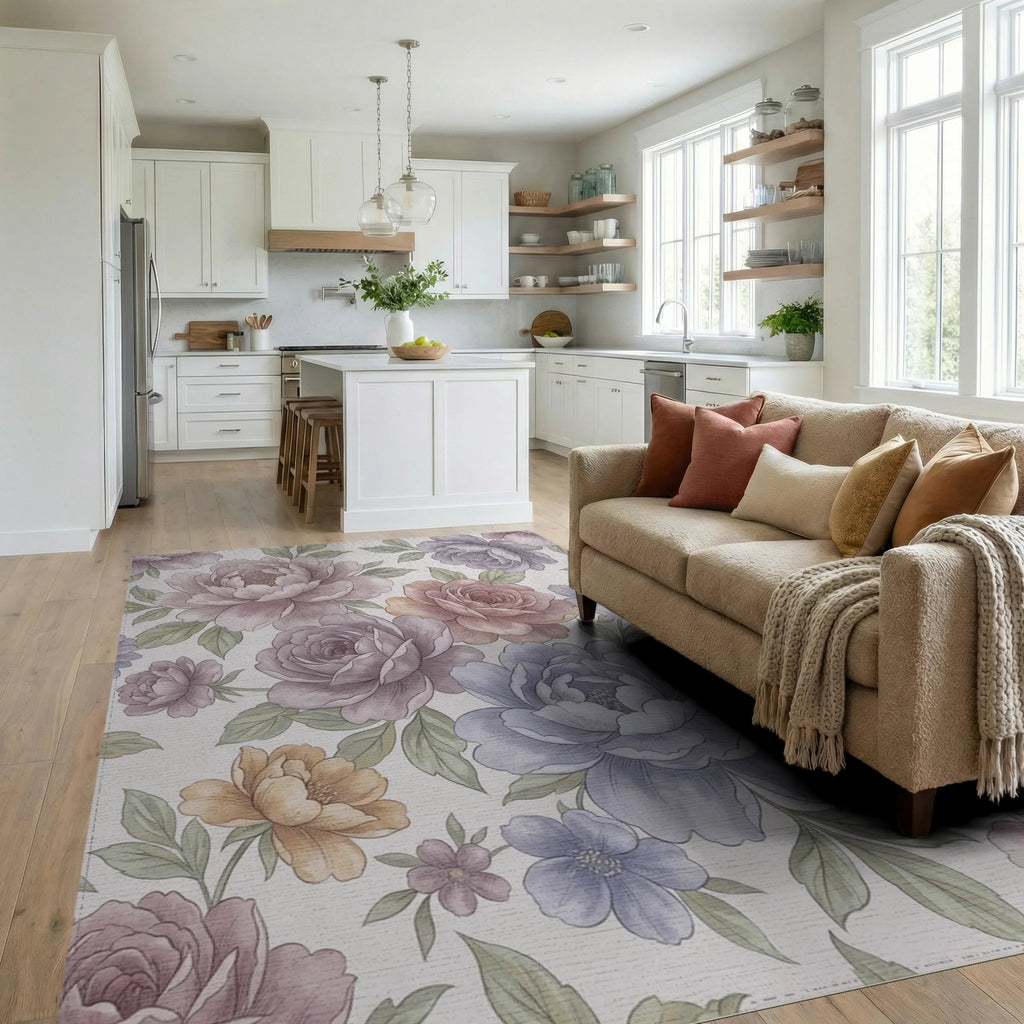 Vintage Floral Garden Peony Bloom Rug Living Room View