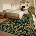 Vintage Floral Green Gold Pattern Rug Bedroom View