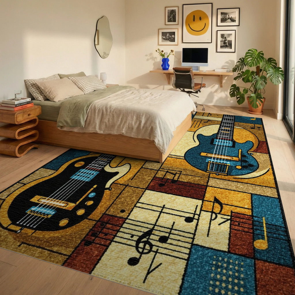 Vintage Guitars Sheet Music Harmony Rug - Bedroom View