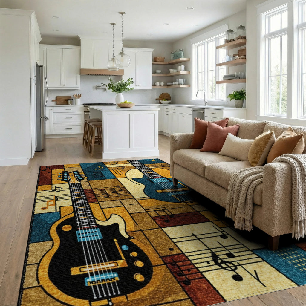 Vintage Guitars Sheet Music Harmony Rug - Living Room View