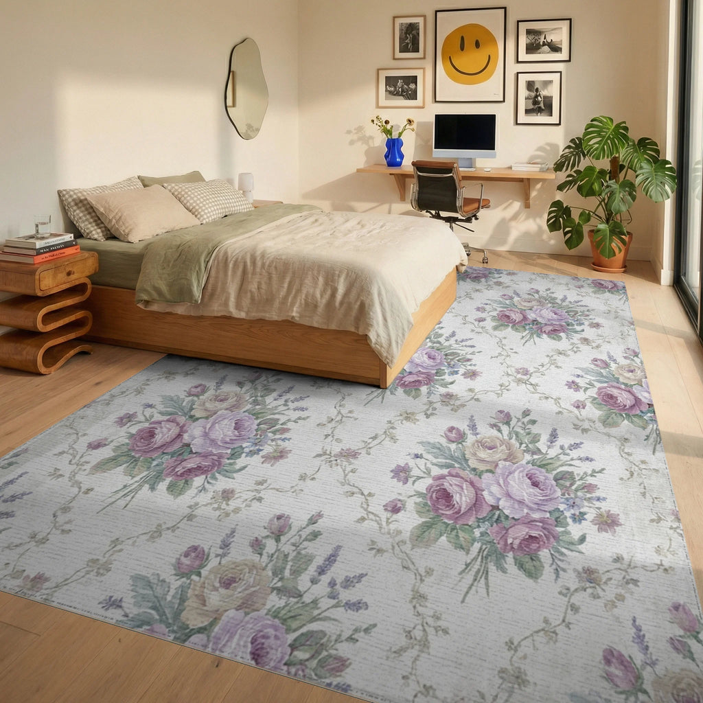 Vintage Lavender Rose Floral Bouquet Rug Bedroom View