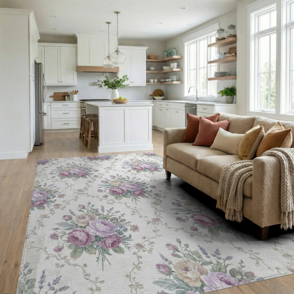 Vintage Lavender Rose Floral Bouquet Rug Living Room View