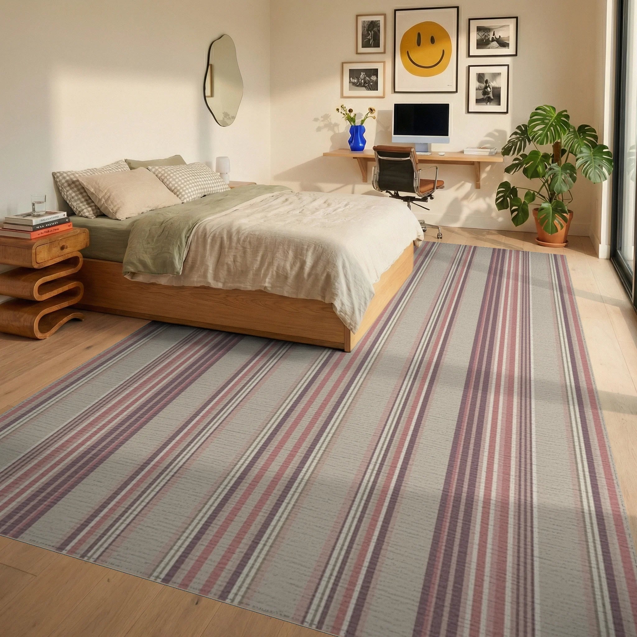 Vintage Muted Mauve Striped Rug Bedroom View