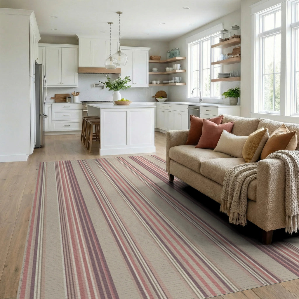 Vintage Muted Mauve Striped Rug Living Room View