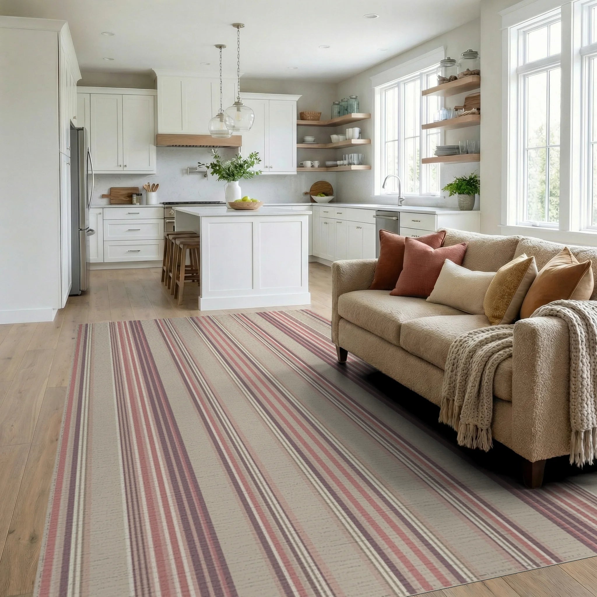 Vintage Muted Mauve Striped Rug Living Room View