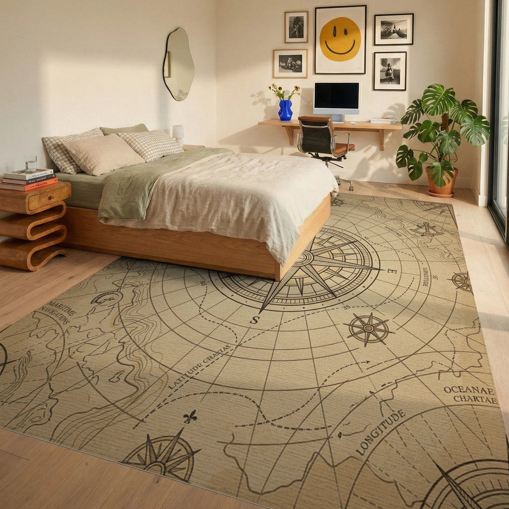 Vintage Nautical Compass Chart Rug Bedroom View