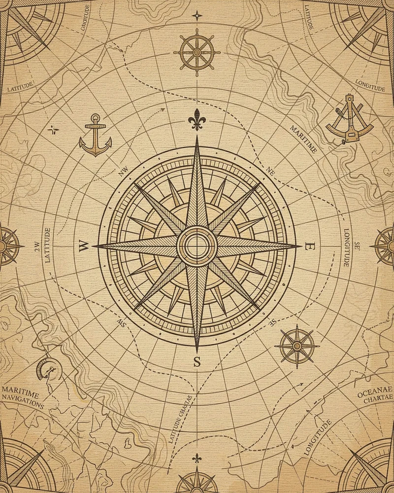 Vintage Nautical Compass Chart Rug - Cutout View