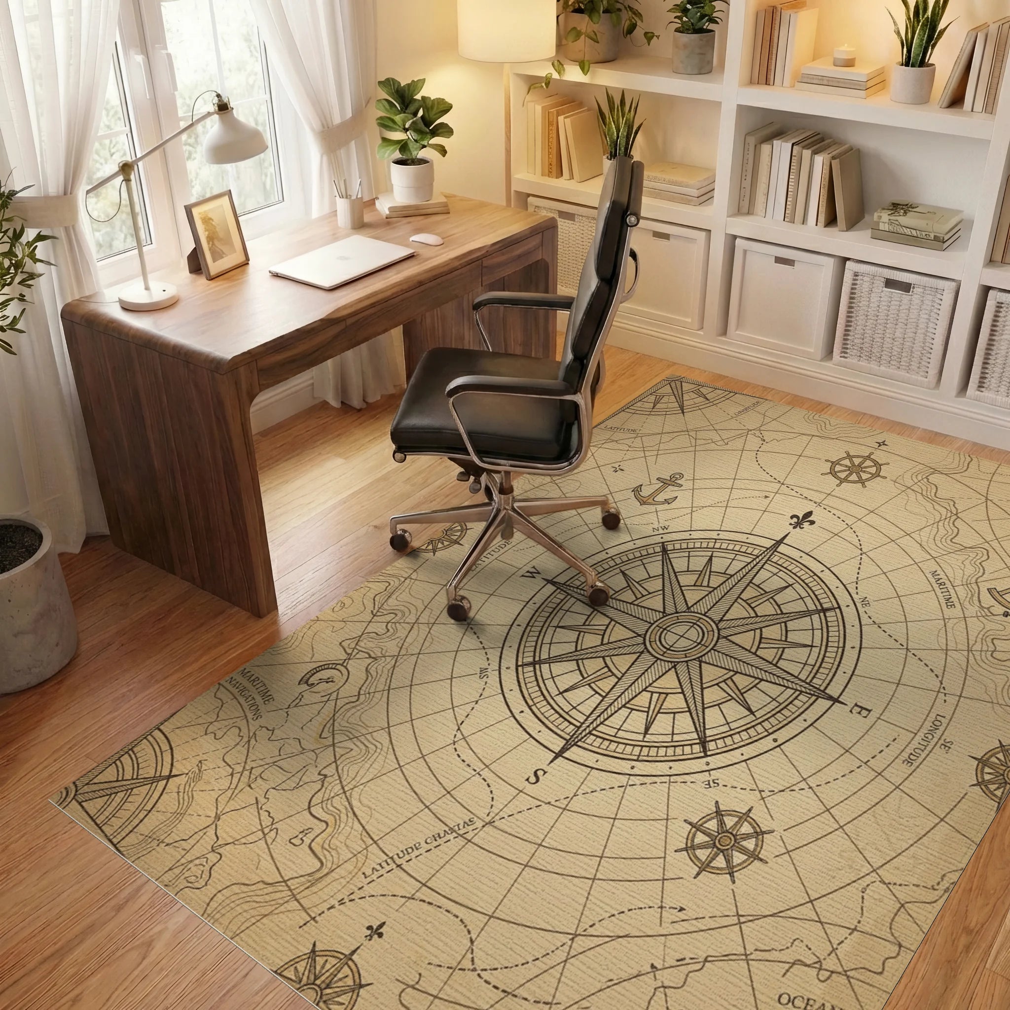 Vintage Nautical Compass Chart Rug Office View
